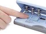 Rapesco Adjustable 6-Hole Diary Punch in powder blue, metal hole punch for binding and organizing documents.