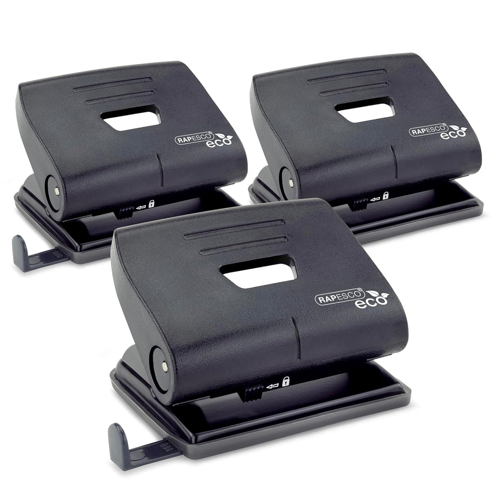 Rapesco Eco 2-hole punch in black, designed for 20 sheets, shown in a pack of three. Durable office hole punch for paper.