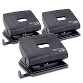 Rapesco Eco 2-hole punch in black, designed for 20 sheets, shown in a pack of three. Durable office hole punch for paper.