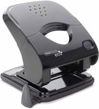 Rapesco Eco X5 black 2-hole puncher for 30 sheets, designed for less effort, shown with open punching mechanism and paper.