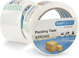 Rapesco Strong Packing Tape 50mm x 60m in clear, shown in a pack of two rolls, ideal for sealing parcels and packages.
