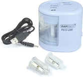 Rapesco 1447 PS12 electric USB pencil sharpener in blue with charging port, battery option not included, for precise sharpening.