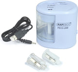 Rapesco 1447 PS12 electric USB pencil sharpener in blue with charging port, battery option not included, for precise sharpening.