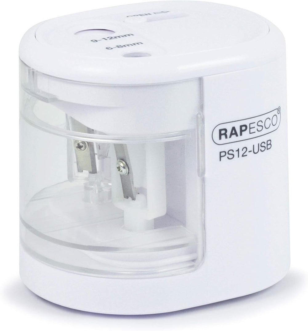 Rapesco 1448 PS12 USB electric pencil sharpener in white with charging port, automatic operation, battery or USB power option