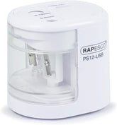 Rapesco 1448 PS12 USB electric pencil sharpener in white with charging port, automatic operation, battery or USB power option
