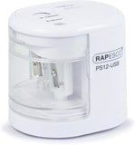 Rapesco 1448 PS12 USB electric pencil sharpener in white with charging port, automatic operation, battery or USB power option