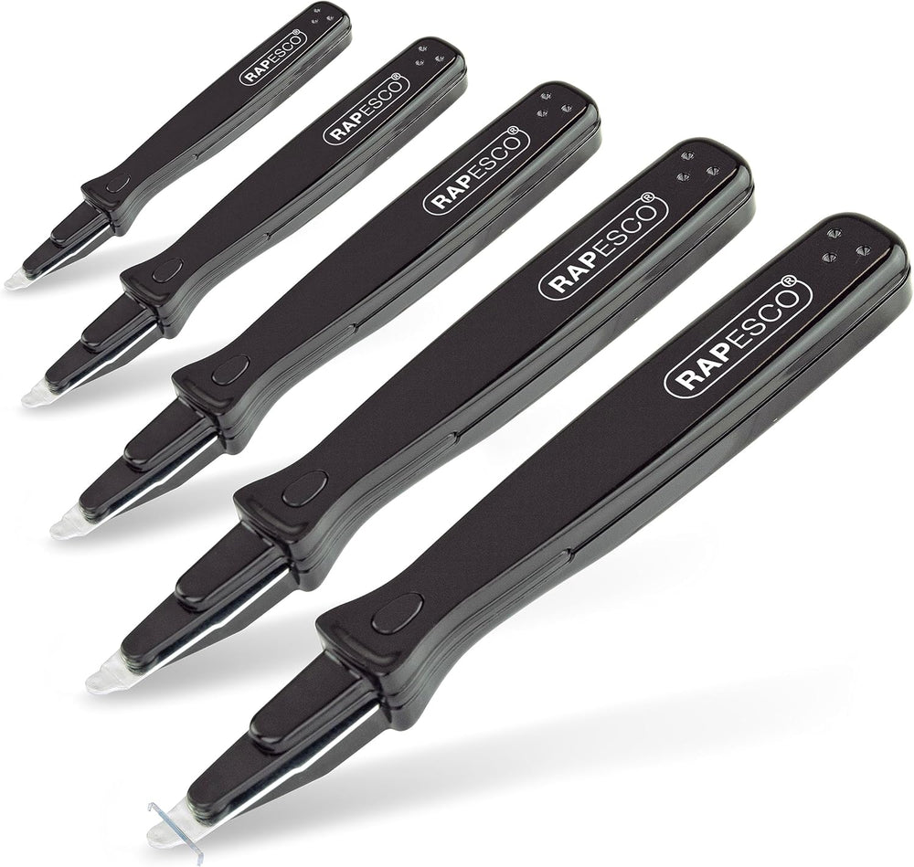 Set of five Rapesco 101 black staple removers with ergonomic handles for easy staple removal.