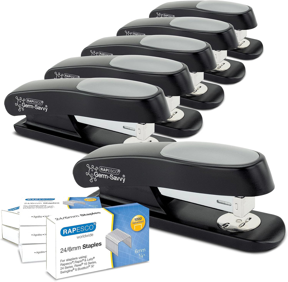 Six Rapesco Eco Sting Ray Half-Strip Staplers with 1000 staples, black antibacterial finish, compact office stapling tool.
