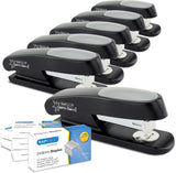 Six Rapesco Eco Sting Ray Half-Strip Staplers with 1000 staples, black antibacterial finish, compact office stapling tool.
