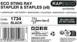 Six black Rapesco Eco Sting Ray Half Strip Staplers with 1000 antibacterial staples, compact office staplers for everyday use