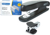 Rapesco Eco Sting Ray Half-Strip Stapler with R4 staple remover and 26/6 staples, antibacterial bundle, black and silver design.
