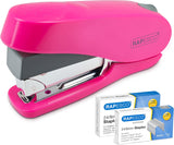 Rapesco Luna Less Effort Half-Strip Front-Loading Stapler with 2000 staples in bright hot pink color.