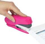Rapesco Luna Less Effort Half-Strip Front-Loading Stapler in hot pink with 2000 staples, designed for easy paper binding.