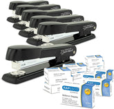Six Rapesco Marlin Full Strip Staplers with 2000 staples, black antibacterial design, shown in a pack for office or home use.