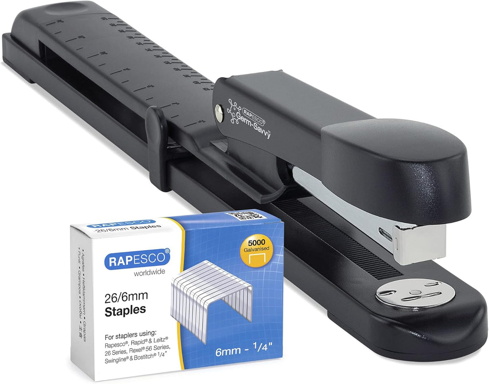 Rapesco Marlin long arm stapler with black antibacterial finish and 26/6 staples for heavy-duty stapling tasks.