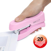 Rapesco Stand Up Space-Saving Stapler in Candy Pink, holds up to 20 sheets, compact design for easy desktop use.