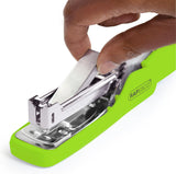 Green Rapesco X5 stapler, designed for less effort, staples up to 25 sheets, ideal for office or home use.