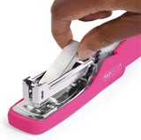 Rapesco X5 hot pink stapler, designed for easy stapling of up to 25 sheets, shown on a clean office desk.