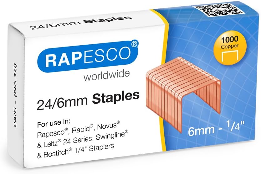 Rapesco copper-plated staples 24/6mm (22/6), pack of 1000, suitable for office or home use.