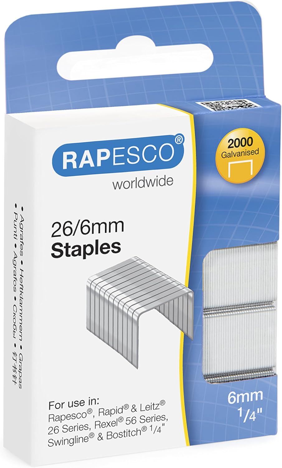 Rapesco 26/6mm galvanized staples in a retail pack of 2000, ideal for office fasteners and stapling tasks.