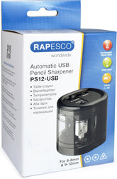 Rapesco Auto USB Pencil Sharpener in black, compact stationery and desk accessory for quick, precise pencil sharpening.