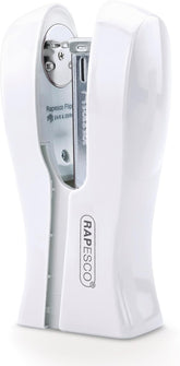 Rapesco 1319 white stand-up stapler with space-saving design, holding up to 20 sheets of paper.