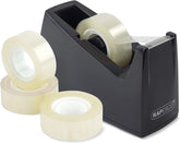 Rapesco 300 Tape Dispenser with four black tape rolls, compact office supply for easy tape application and organization.