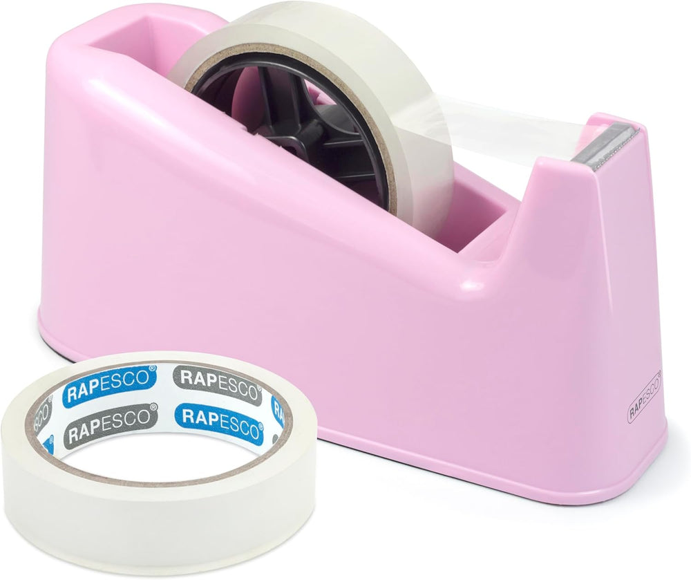 Rapesco heavy duty tape dispenser in candy pink with two rolls of clear adhesive tape, designed for strong, secure sealing.