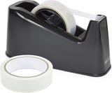 Black Rapesco 500 Heavy Duty Tape Dispenser with two tape rolls, durable plastic construction for secure tape dispensing.