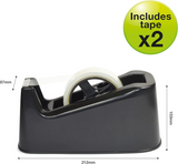 Rapesco 500 heavy-duty black tape dispenser with two tape rolls, sturdy and functional for office or home use