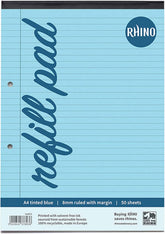 Rhino Blue Paper Refill Pad with 8mm ruled lines and margin, A4 size, 50 leaves, 100 pages, stationery paper.