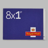 Royal Mail 1st Class postage stamp book with 8 self-adhesive stamps for UK priority mail, featuring colorful designs.