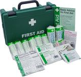 Fully stocked Safety First Aid Group HSE economy first aid kit for 1-10 persons, designed for health and safety emergencies.
