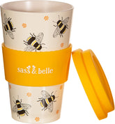 Sass & Belle bee-themed travel coffee cup with a whimsical bee design, made of durable drinkware material.
