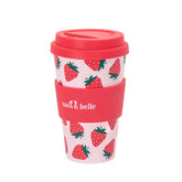 Sass & Belle strawberry travel coffee cup with a colorful fruit design, made of durable drinkware for on-the-go use.