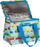 Colorful Sass & Belle Transport Lunch Bag for kids with cartoon vehicle design, insulated fabric, and adjustable strap.