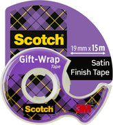 Scotch gift wrap tape roll on handheld dispenser, 19mm x 15m, satin clear finish, ideal for wrapping gifts and craft projects.