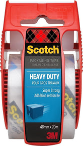 Transparent Scotch packaging tape in a dispenser, 48mm x 20m, designed for extra resistance and secure shipping packaging.