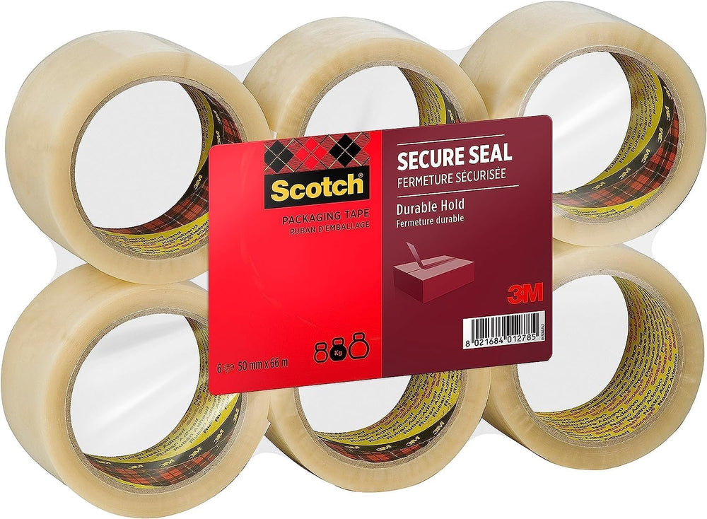Transparent Scotch Secure Seal packaging tape, 50mm x 66m, 6 rolls, ideal for sealing boxes and parcels with strong adhesive.