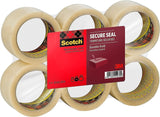 Transparent Scotch Secure Seal packaging tape, 50mm x 66m, 6 rolls, ideal for sealing boxes and parcels with strong adhesive.