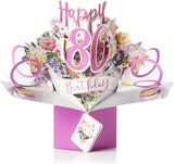 Second Nature 3D pop-up 80th birthday greeting card featuring vibrant floral design and festive elements.