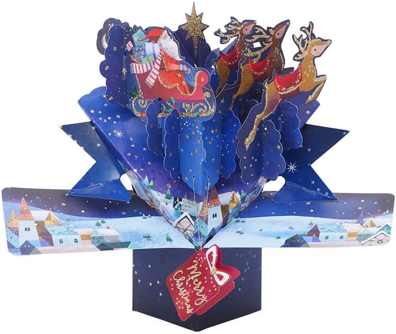 Second Nature 3D pop-up Santa and sleigh Christmas greeting card showing festive holiday scene with detailed holiday characters.