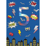 Second Nature boys 5th birthday superhero comic greeting card featuring colorful superhero illustrations and celebratory design.