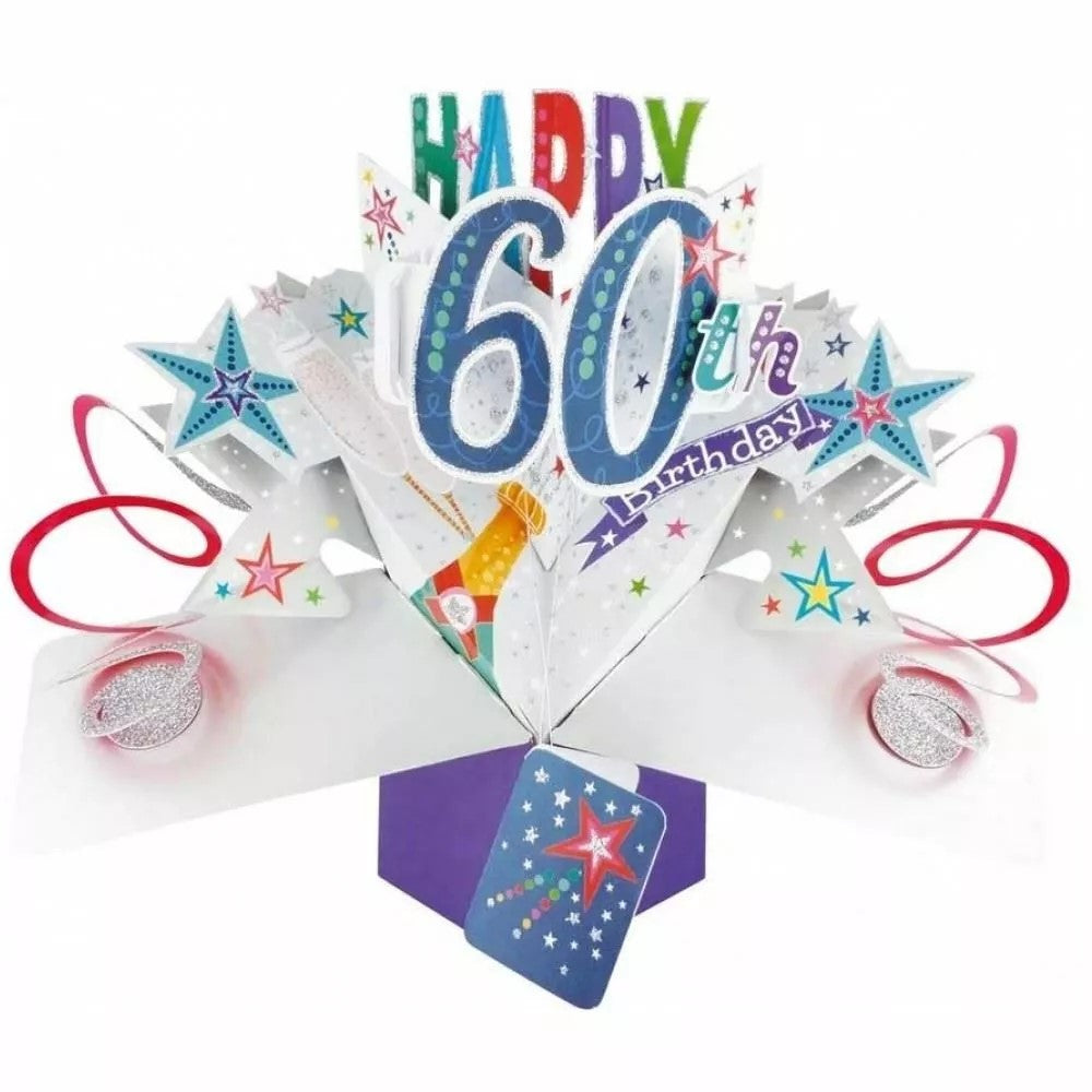 Second Nature Happy 60th Birthday pop-up greeting card featuring vibrant birthday design and festive elements.