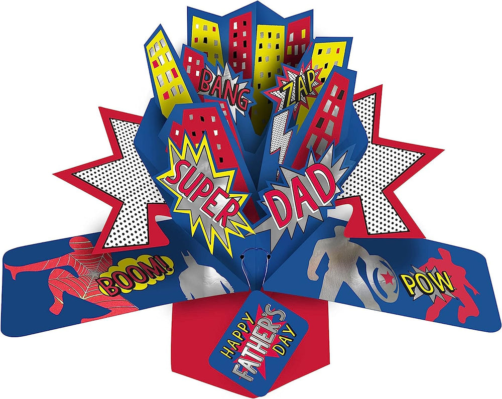Second Nature Super Dad pop-up 3D greeting card with vibrant design, perfect for celebrating fathers on special occasions.