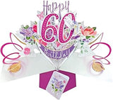 Female 60th birthday pop-up greeting card by Second Nature, featuring intricate 3D floral design and celebratory imagery.