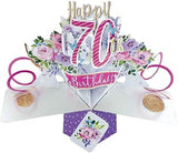 Happy 70th birthday pop-up greeting card by Second Nature featuring a 3D floral design and celebratory message.