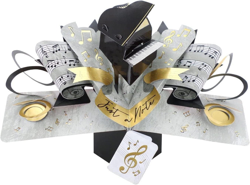 Second Nature Piano Pop Up Greeting Card with "Just a Note" design, suitable for birthdays or any occasion, featuring 3D piano artwork.