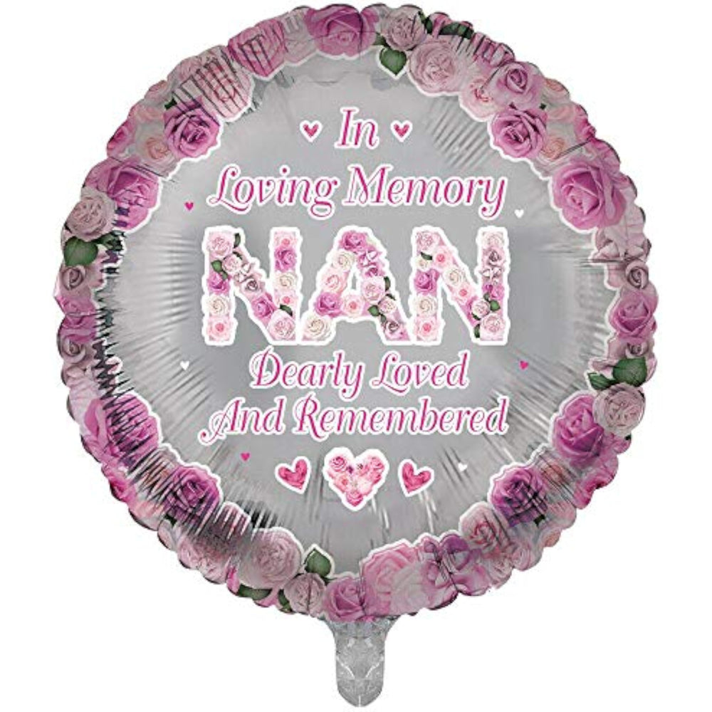 Sensations In Loving Memory of Nan round foil remembrance balloon with floral design, honoring a loved one's memory.