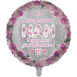 Sensations In Loving Memory of Nan round foil remembrance balloon with floral design, honoring a loved one's memory.